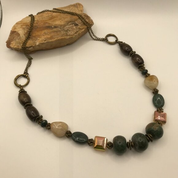 Gemstone Necklace Bohemian Necklace Agate Stone Wood Crystal Necklace Handmade - Picture 8 of 11